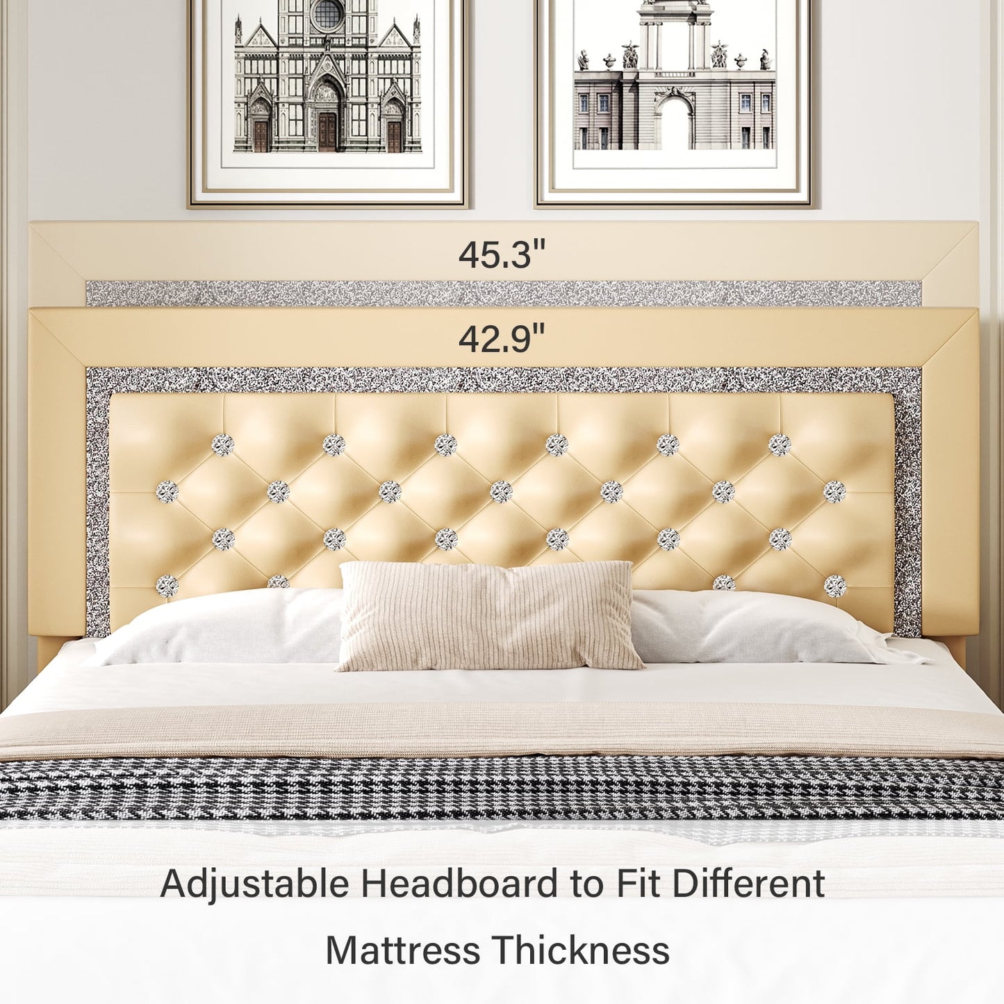 4 EVER WINNER King Size Bed Frame, Upholstered Platform Bed Frame with Headboard,Yellow