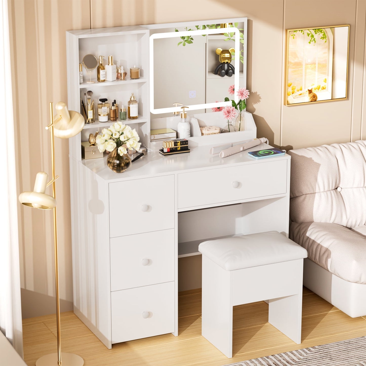 Gounni Vanity Set with Mirror & Power Outlet, Makeup Vanity Table Desk Chair Set for Bedroom, White