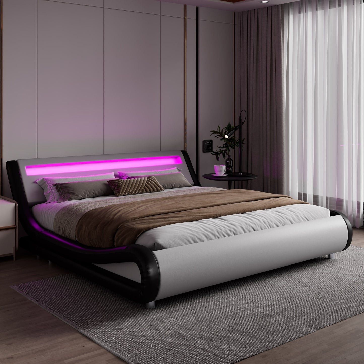 Amolife King Size Wave-like Curve Deluxe Upholstered Modern Bed Frame with LED Headboard, Black+White