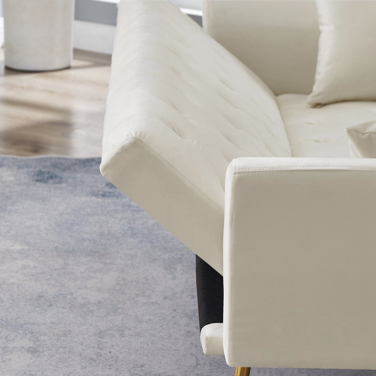 71 Inches Velvet Futon Sofa Bed with 2 Pillows,Modern Convertible Futon Couch with 3 Adjustable Backrest Angles and Gold Metal Feet,Suitable for Apartment,Living Room,Small Space,Gray