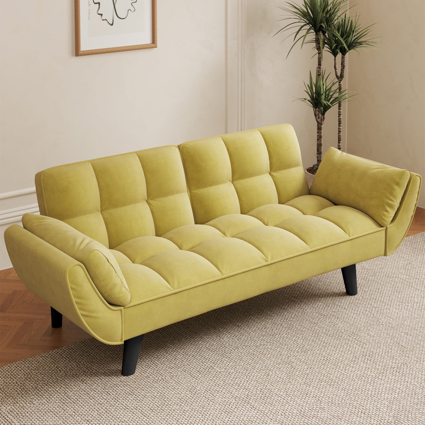Aukfa 74in Flared Arm Futon Convertible Sofa Bed, Curved Sleeper Sofa for Home Office, Velvet, Yellow