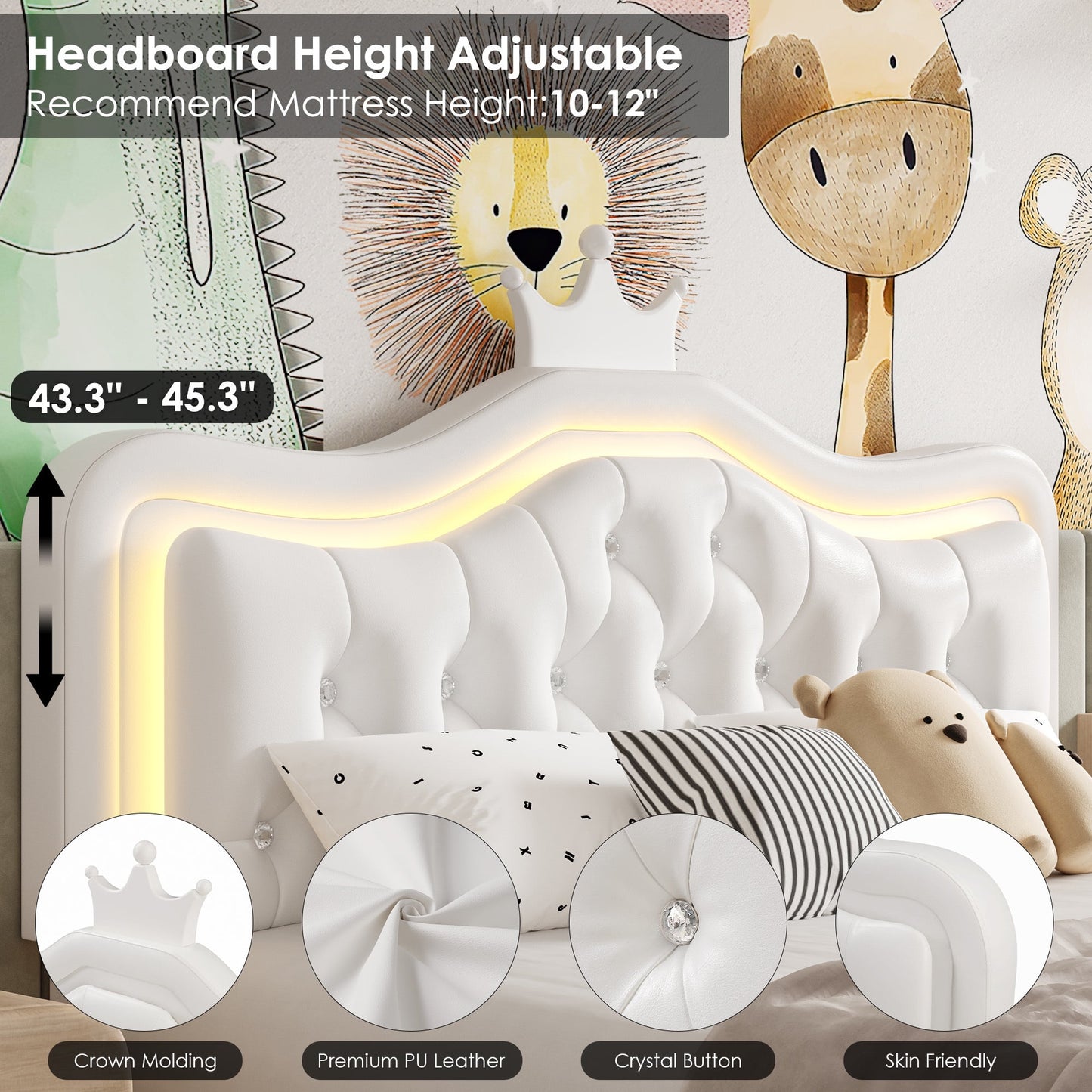 Homfa Queen LED Upholstered Bed with 2 Drawers, PU Leather Platform Bed with Adjustable Crown Headboard, White