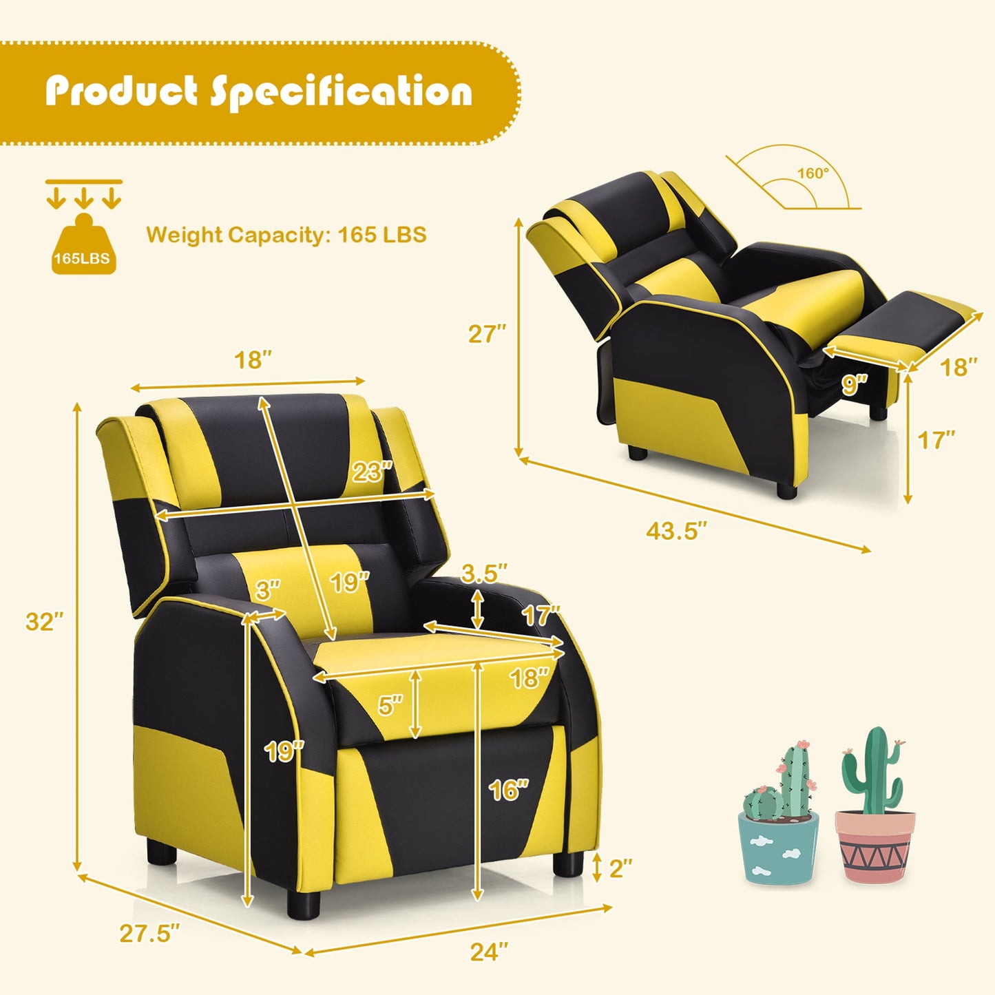 Gymax Gaming Recliner Sofa PU Leather Armchair for Kids Youth w/ Footrest Yellow