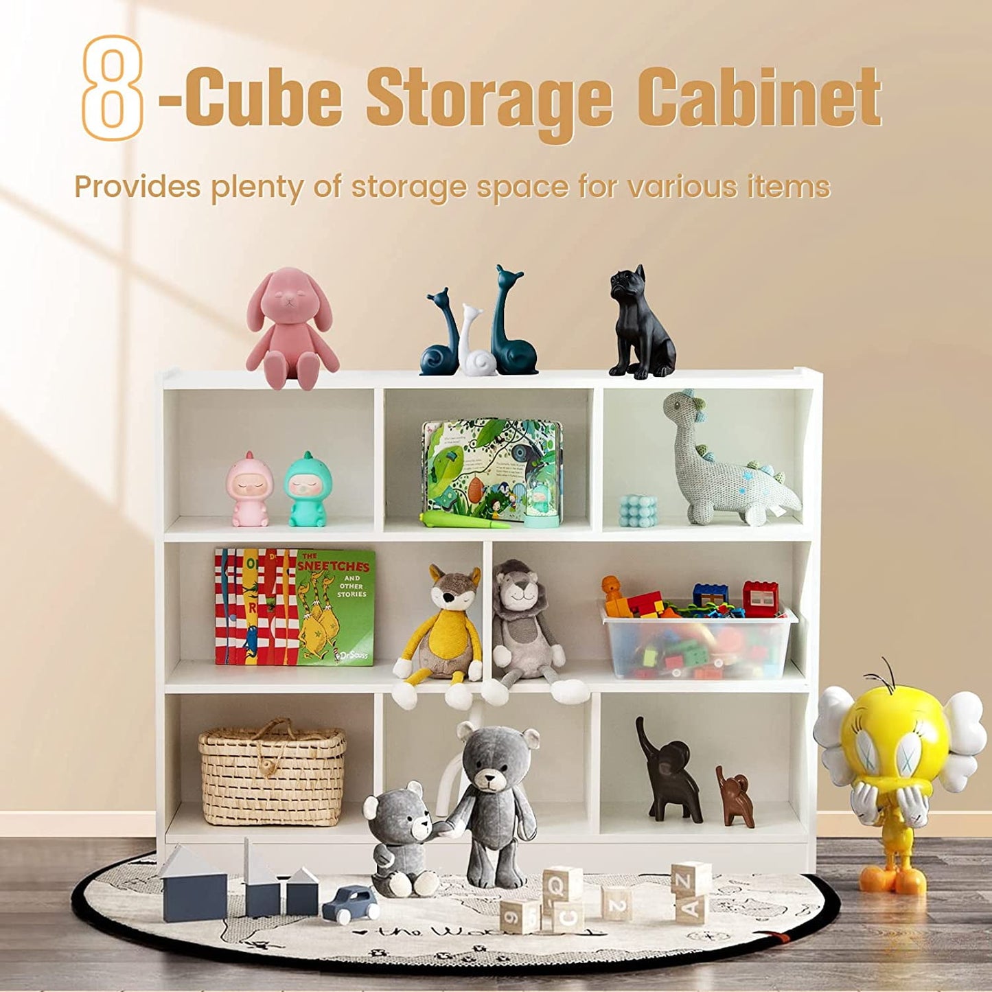 HOMEZY Kids Montessori Shelf, 8-Cube Wooden Toy Storage Organizer, 3 Tier Open Kids Bookshelf for Classroom, Bedroom & Playroom, White