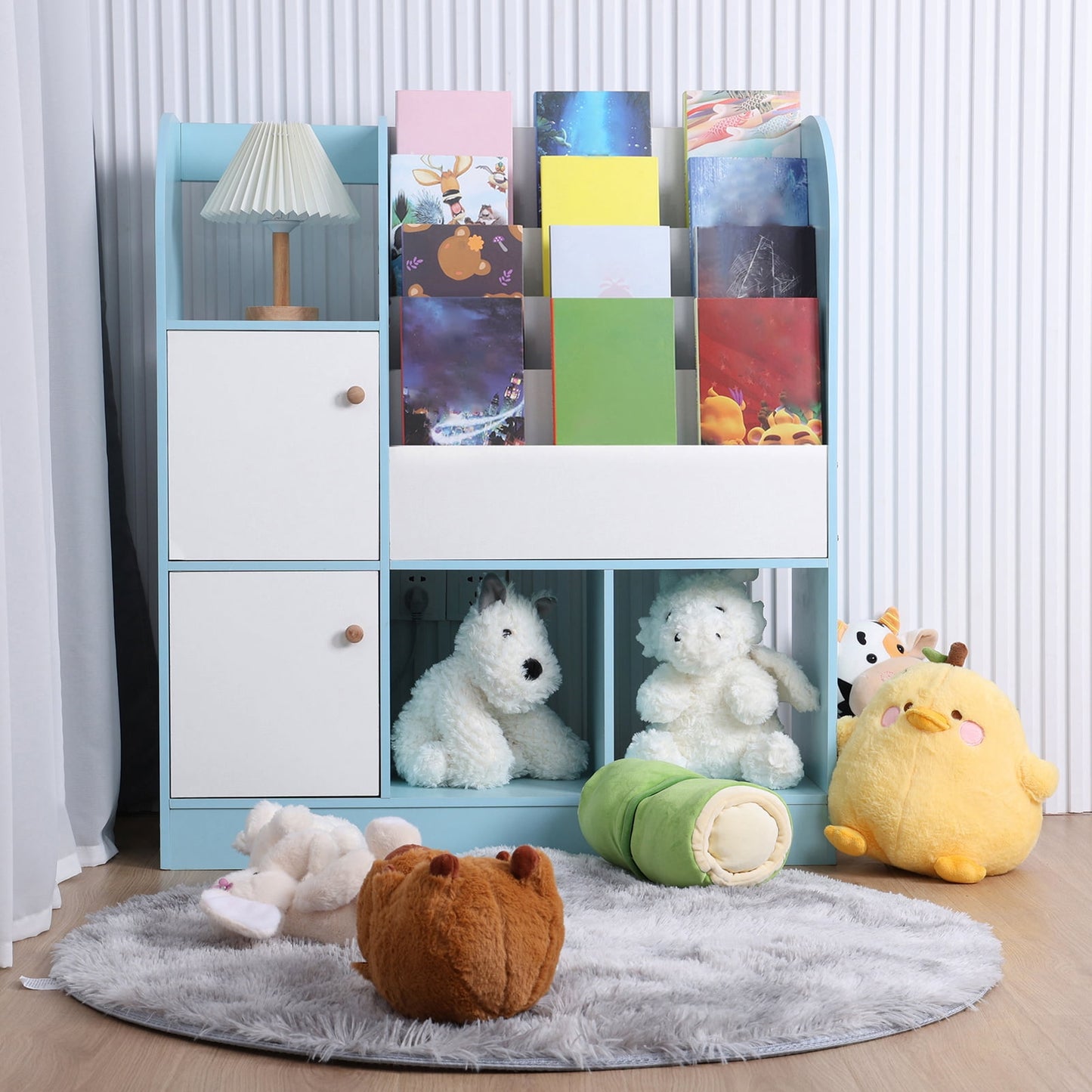 GZKN Kids Bookshelf with 4-Tier Book Slots 3 Open Shelves and 2 Drawers Display Stand