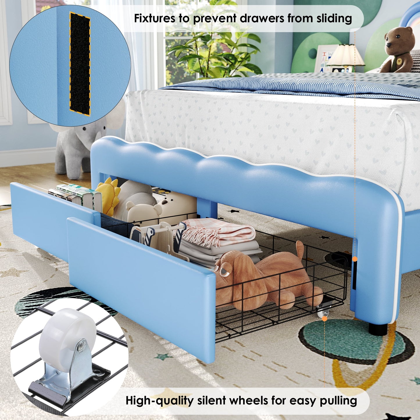 Homfa Full Size LED Bed Frame with Drawer, PU Leather Upholstered Platform Bed with Adjustable Petal Headboard for Kid, Blue