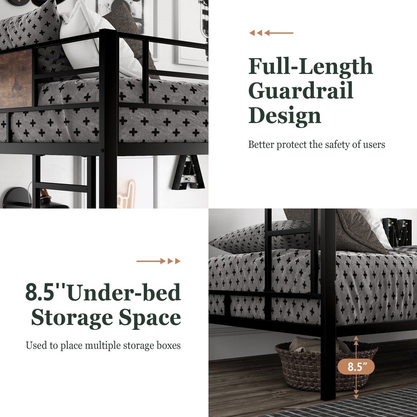 Amolife Metal Twin Bunk Bed Frame for Kids, Teenagers & Adults with Stairs, Full-Length Guardrail-Black