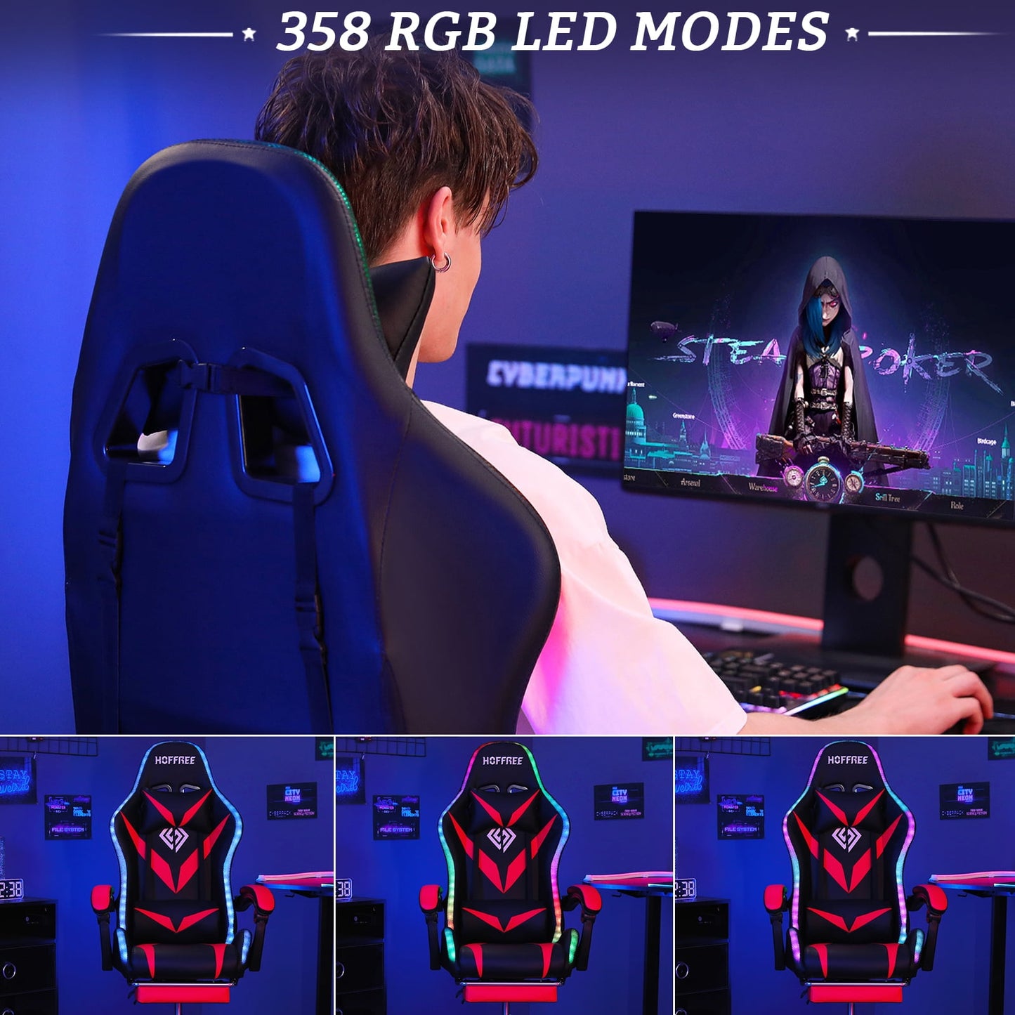 HOFFREE Gaming Chair with Massage and LED RGB Lights Ergonomic Computer Chair with Footrest High Back Video Game Chair with Adjustable Lumbar Support Linkage Armrest for Home Office