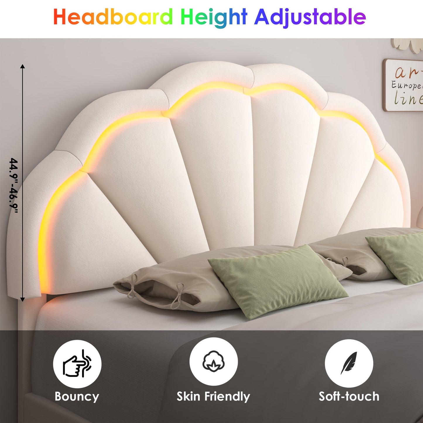 Homfa LED Bed Frame, Full Size Bed for Kids Girls, Velvet Upholstered Platform Bed with Adjustable Headboard, Off-White