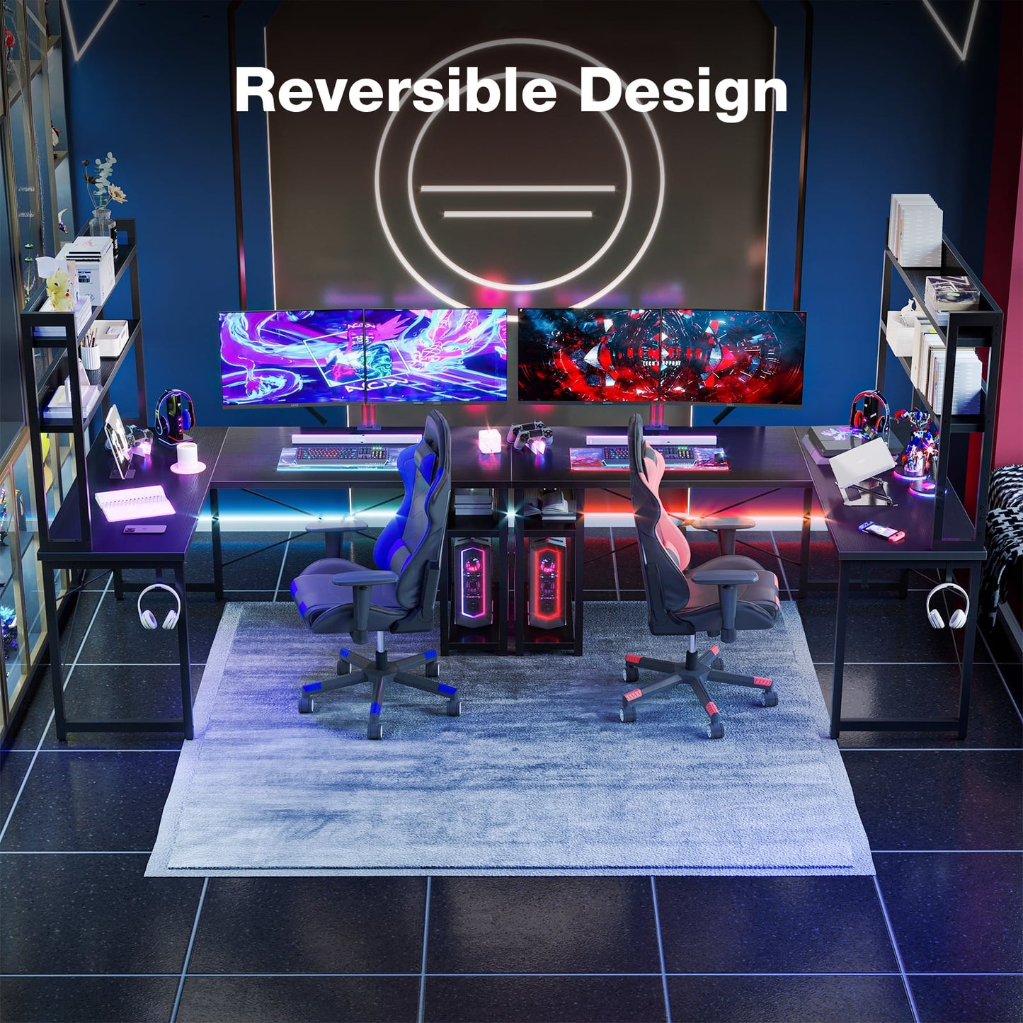 59in Reversible L-Shaped Gaming Desk with Hutch, Office Desk with Storage Shelves for Home Office, Corner Computer Desk with Headphone Hook, Black