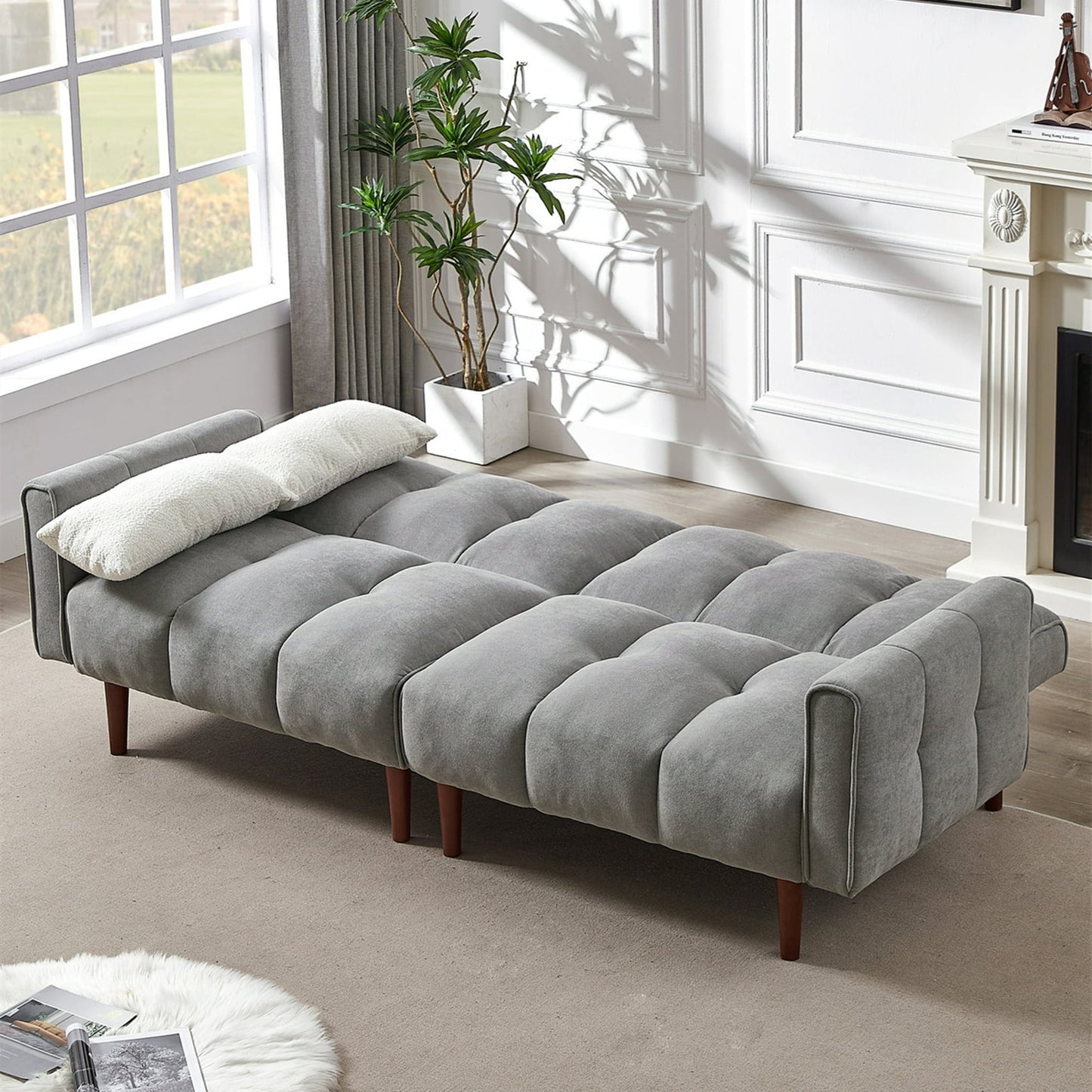Aukfa 81in Oversized Futon Convertible Sofa Bed, Tufted Couch for Living Room, 2 Pillow, Linen, Gray