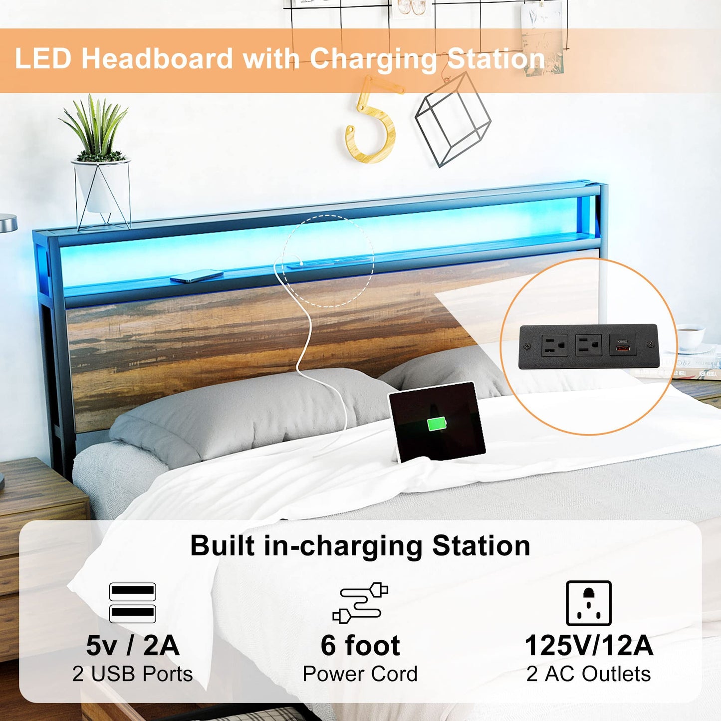 LED Bed Frame with Charging Station, Adjustable Size, Multi-Color Lights & Ample Storage