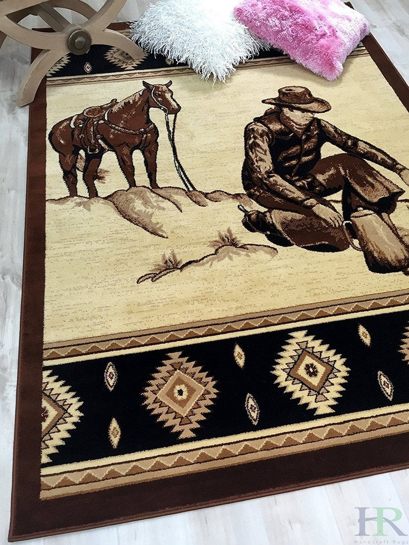 Handcraft Rugs Cabin Rug Lodge, Cabin Nature and Animals Area Rug Modern Southwestern Design Cabin Area Rug Abstract, Chocolate Brown/BeigeCowboy/Horse 5x7 feet