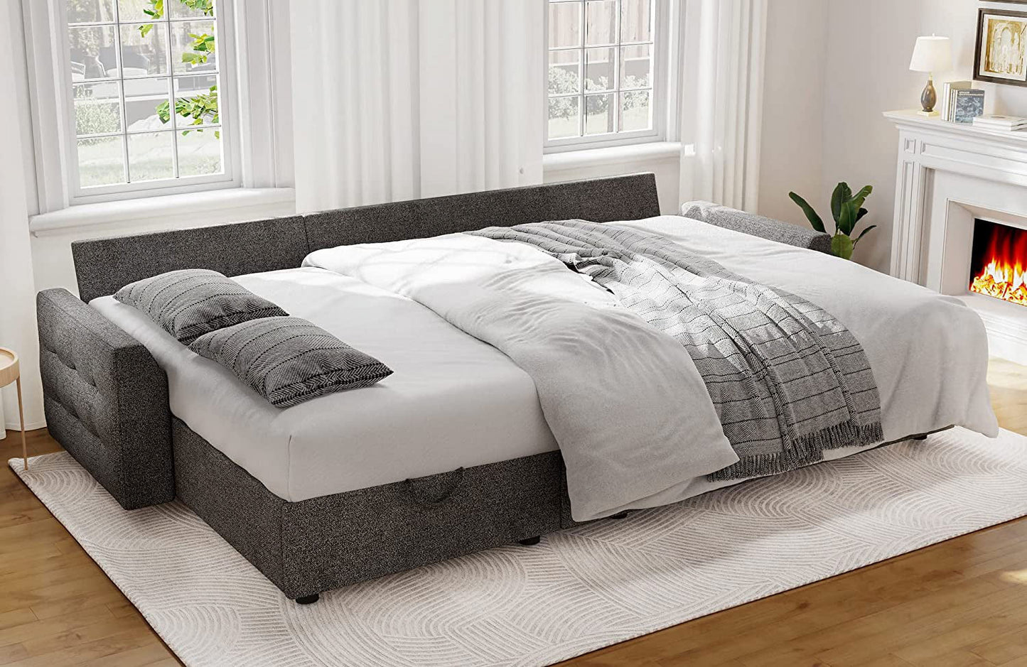 Amerlife Convertible Sofa Bed 87in, Reversible Tufted Sleeper, L Shaped Couch with Storage, Chenille Grey