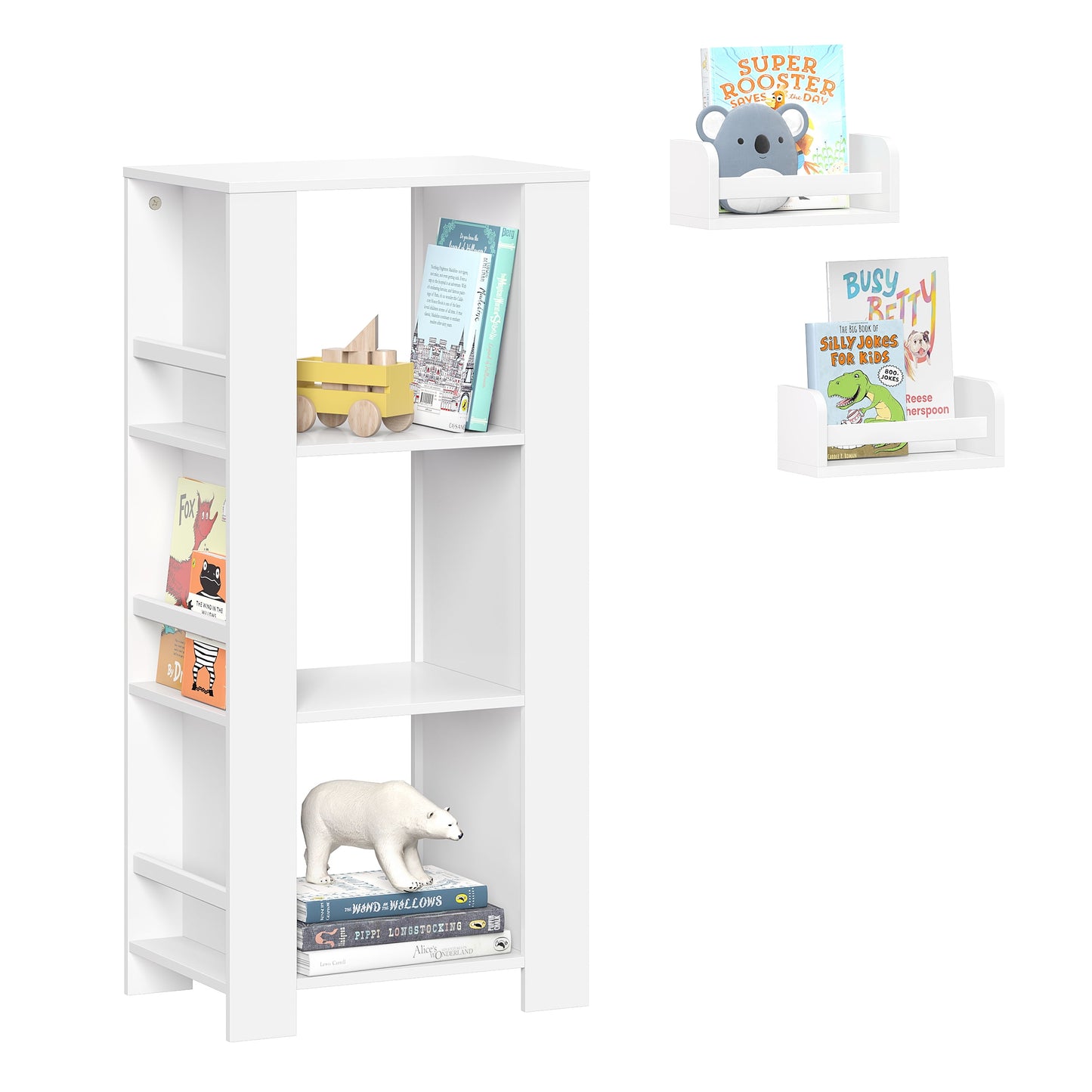 RiverRidge Kids Bookshelf and Toy Organizer Tower with 3 Cubbies and 6 Bookracks for Playroom, Nursery, and Reading Nook and 2 10in Floating Bookshelves - White