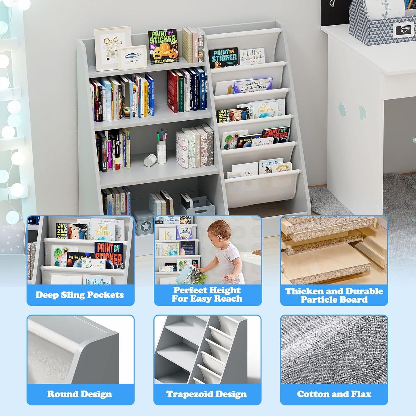 Gray 4 Tier Kids Wooden Bookshelf,Five Layer Sling Toddler Front Facing Bookcase,Baby Kids Storage Book Rack,Book and Toy Organizer Cabinet,Child Book Display Playroom Nursery Bedroom