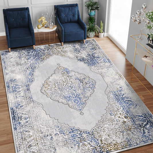 Allstar Rugs 7' 9in x 10' 0in Gainsboro Grey Traditional Persian Themed Polyester Area Rug with a Blue Bijar Design and Gold Accents. Machine-Made in Turkey.