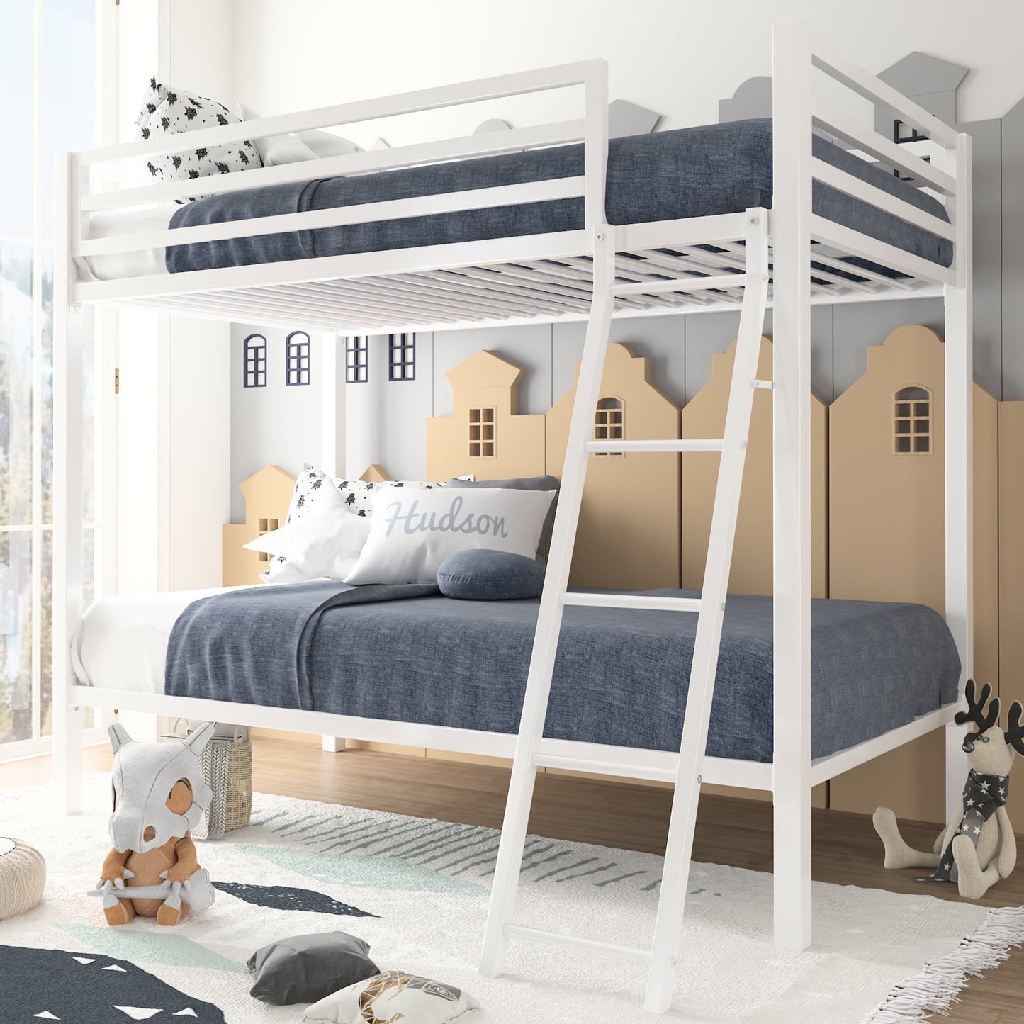 Amolife Twin-Over-Twin Bunk Beds with Heavy Duty Metal Frame and Ladder, Pure White