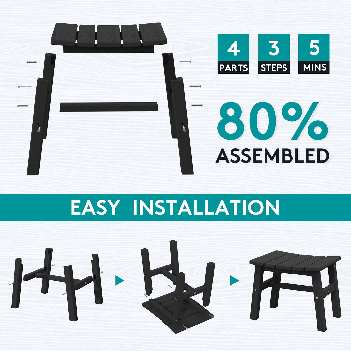 Adirondack Chair Ottoman Footrest, Plastic Patio Foot Stool for Outdoor, 16.7in x12.9in x14in , Black