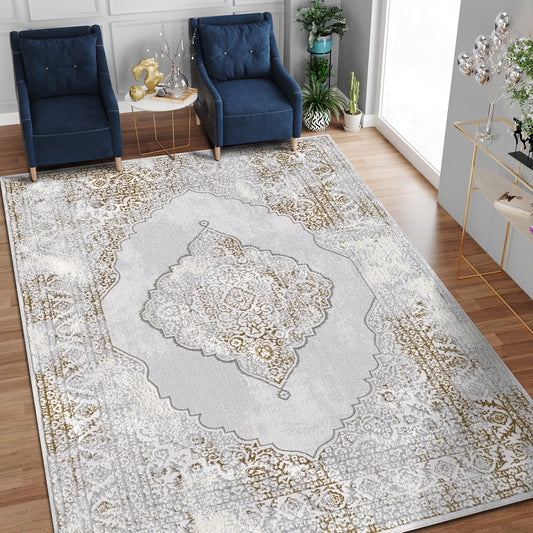 Allstar Rugs 9' 6in x 12' 6in Gainsboro Grey Traditional Persian Themed Polyester Area Rug with a Gold Bijar Design and Ivory Accents. Machine-Made in Turkey.