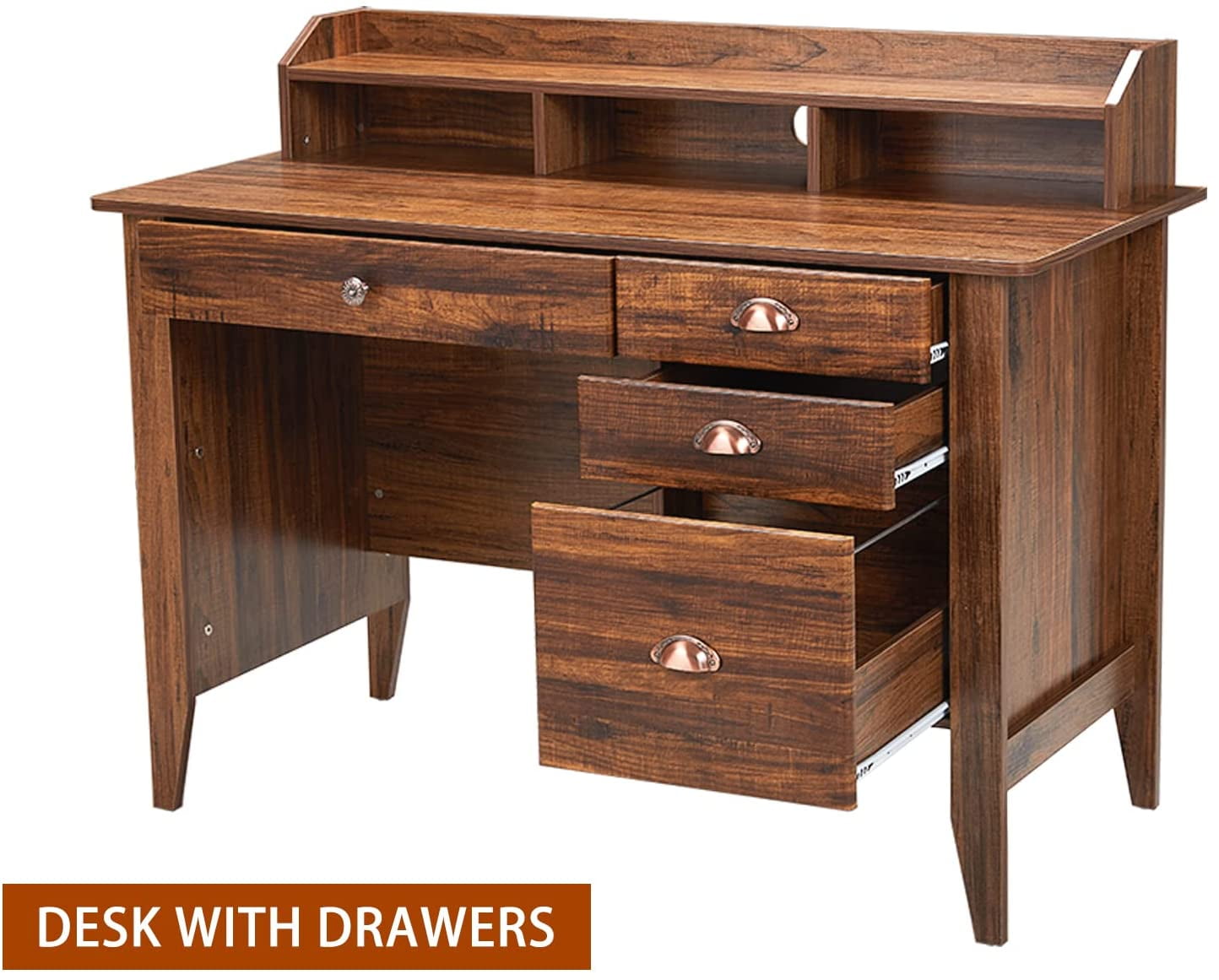 Homfa 47 in Computer Desk, Home Office Writing Table with 4 Drawers and Hutch Shelf, Sturdy Desk with Spacious Desktop, Rustic Brown