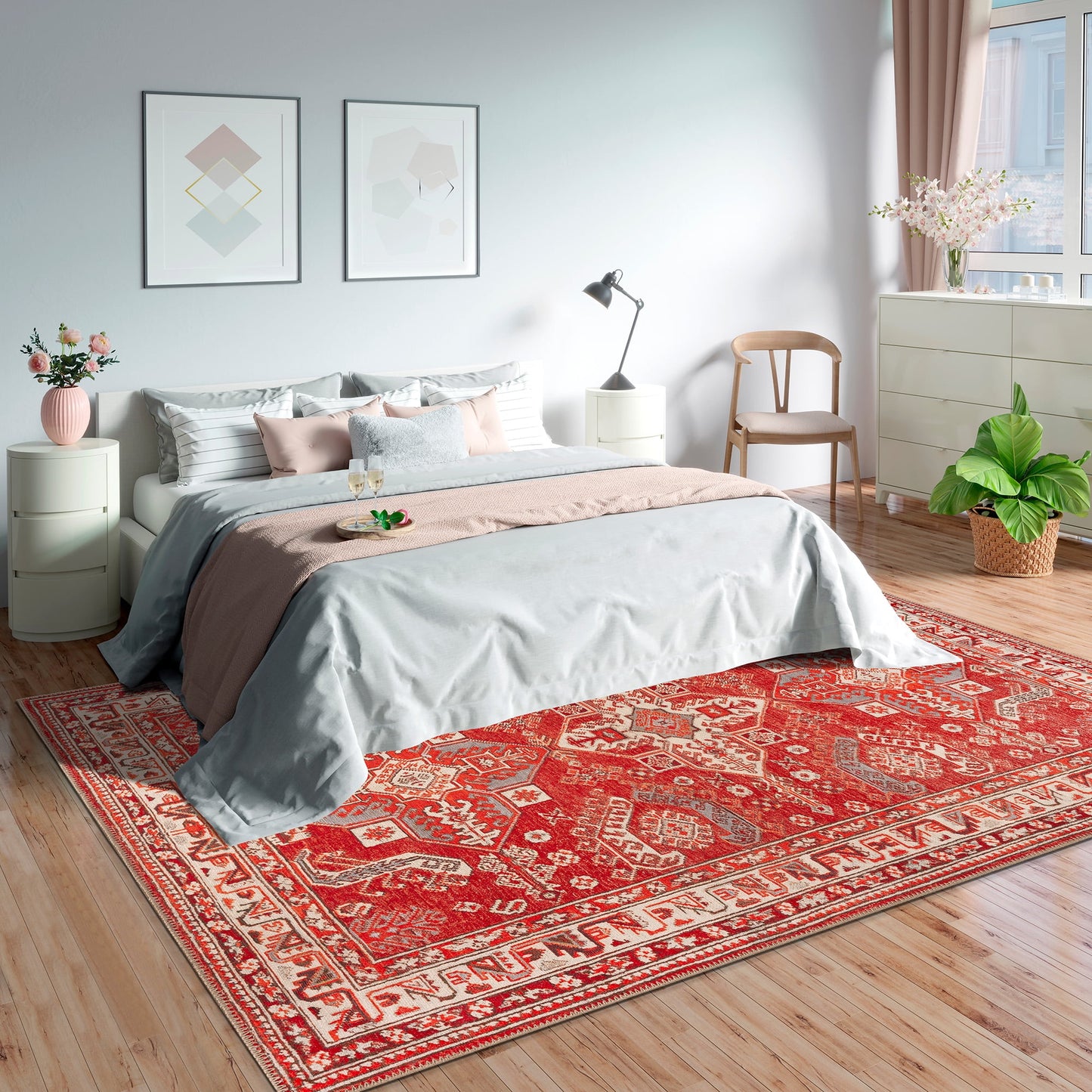 GLN Rugs Knossos - Machine Washable Area Rug - 6'x9' Turkish Vintage Rug - Red/Beige