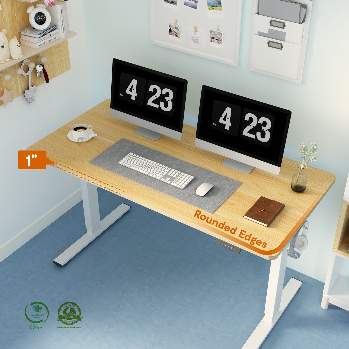 ACTIVESIT 55in x28in Home Office Height Adjustable Standing Desk with Hooks, Ergonomic Electric 2-Stage Stand Up Computer Desk, White and Maple