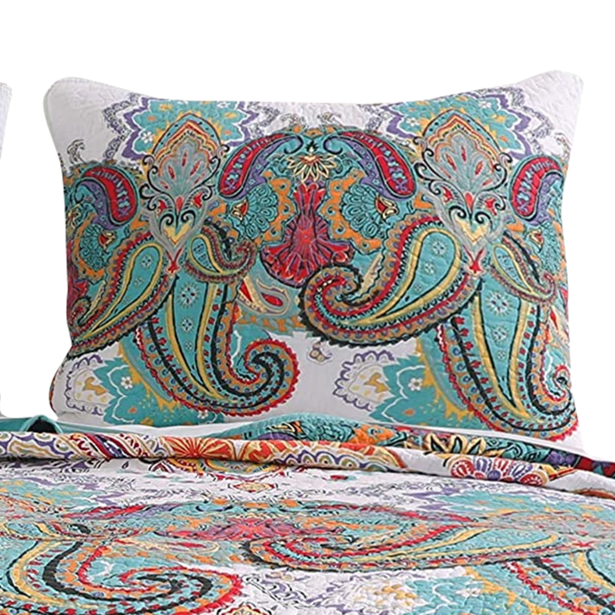3 Piece King Size Cotton Quilt Set with Paisley Print, Teal Blue- Saltoro Sherpi