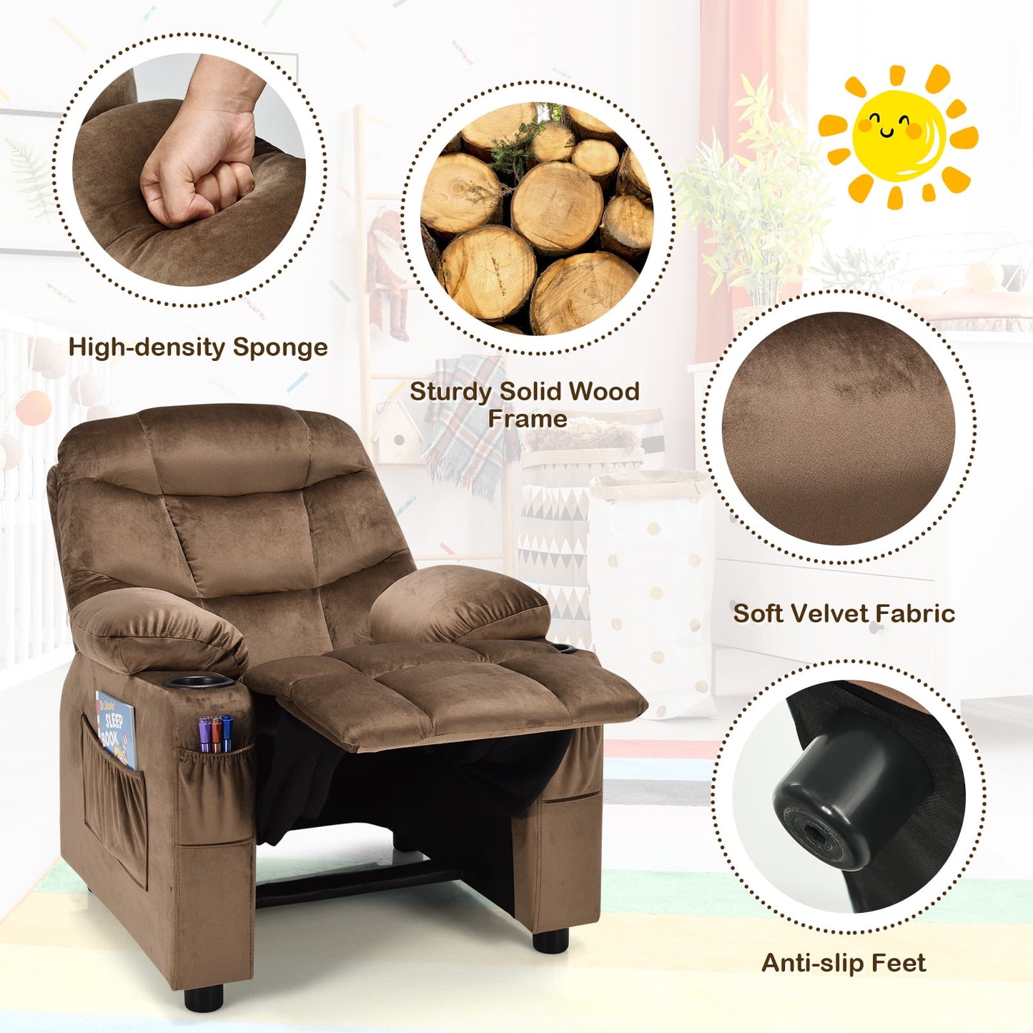 Infans Kids Youth Recliner Chair Velvet Fabric Armrest Sofa w/Cup Holder Brown