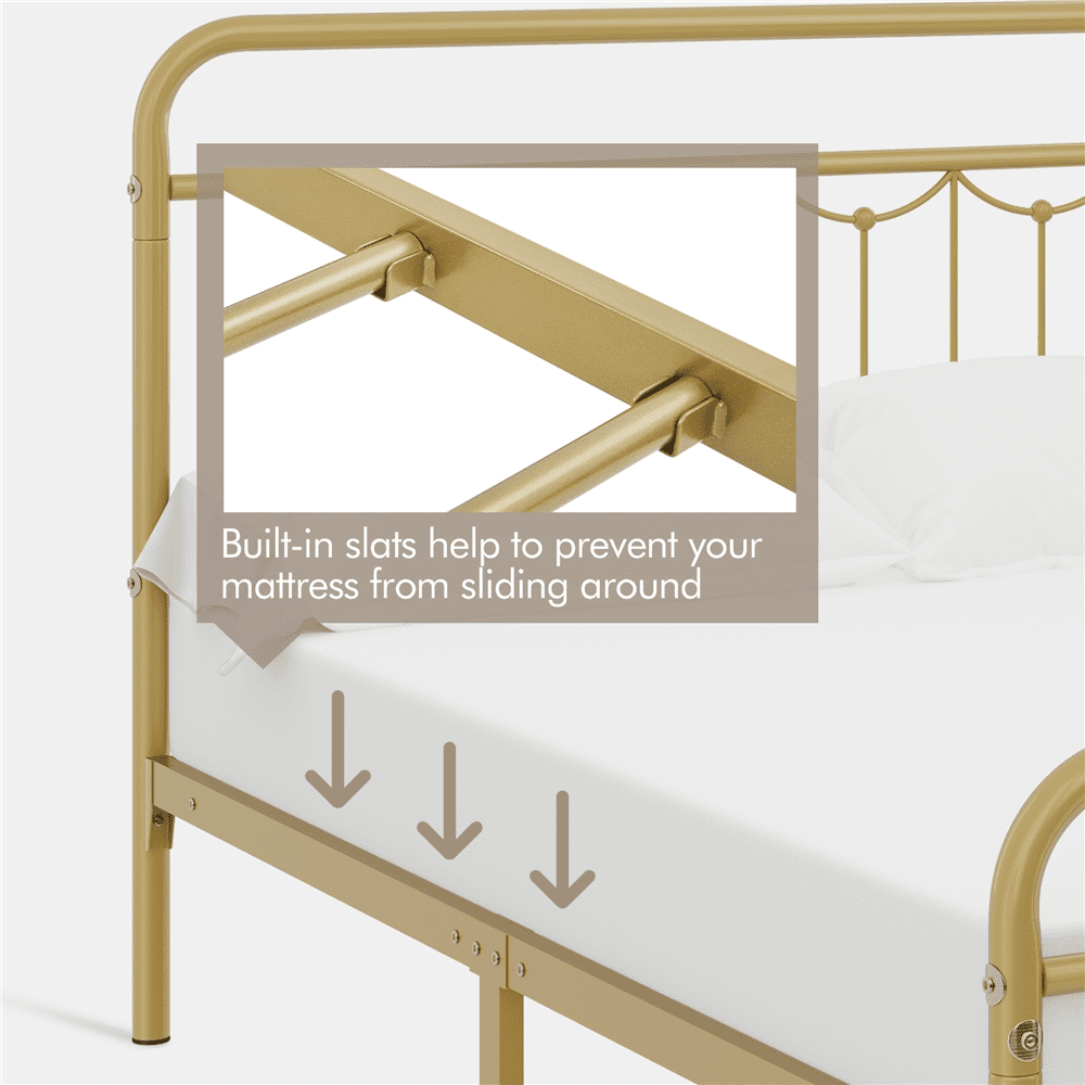 Alden Design Metal Platform Full Bed with Vintage Headboard and Footboard, Antique Gold