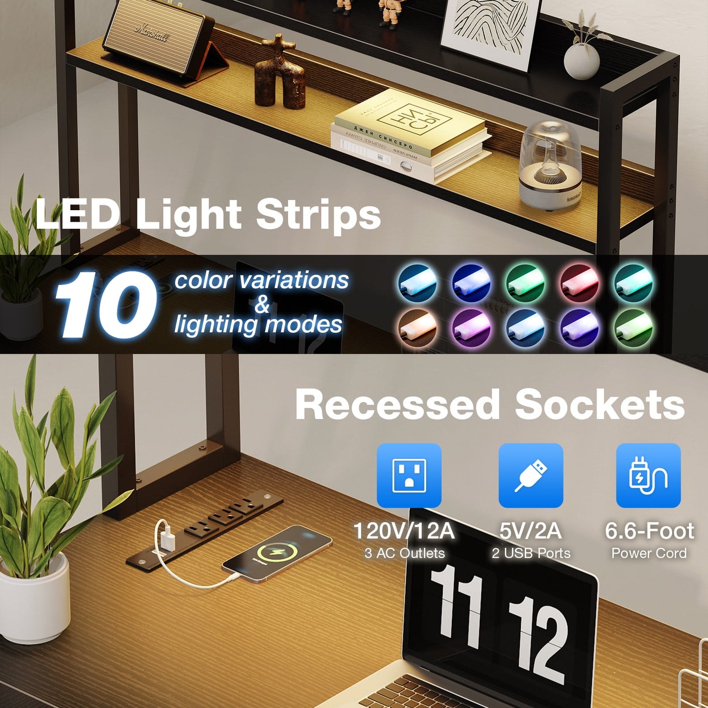 59in Reversible L-Shaped Gaming Desk with Power Outlets & LED Lights, Office Desk with Storage Drawer & Keyboard Tray for Home Office, Corner Computer Desk with Hutch, Pure Black