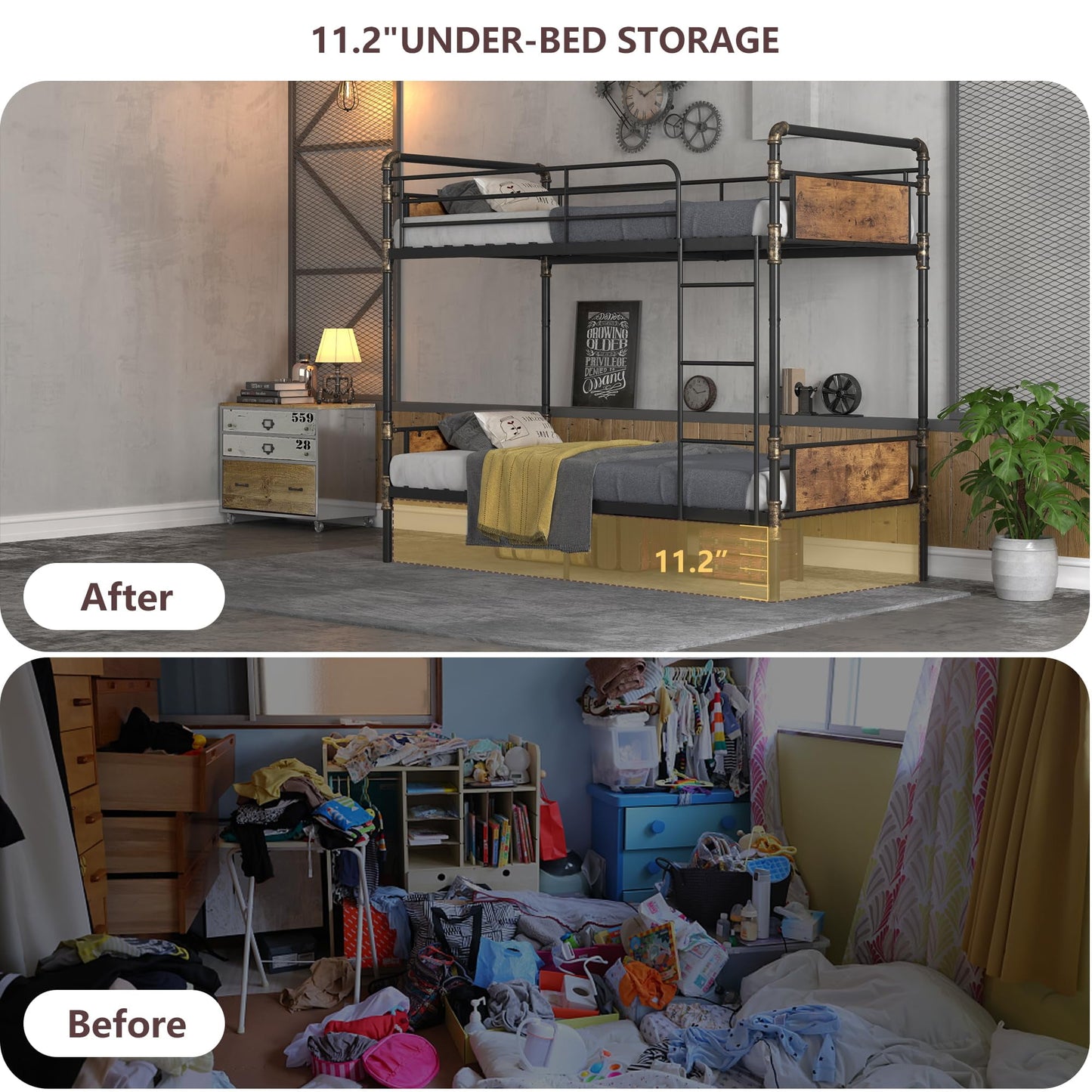 Alohappy Twin Over Twin Bunk Bed, Convertible Twin Bunk Beds Into 2 Individual Bed, Removable Ladder & Safety Guard Rail for Kids, Modern Industrial Style, Easy Assembly, No Box Spring Needed (Brown)