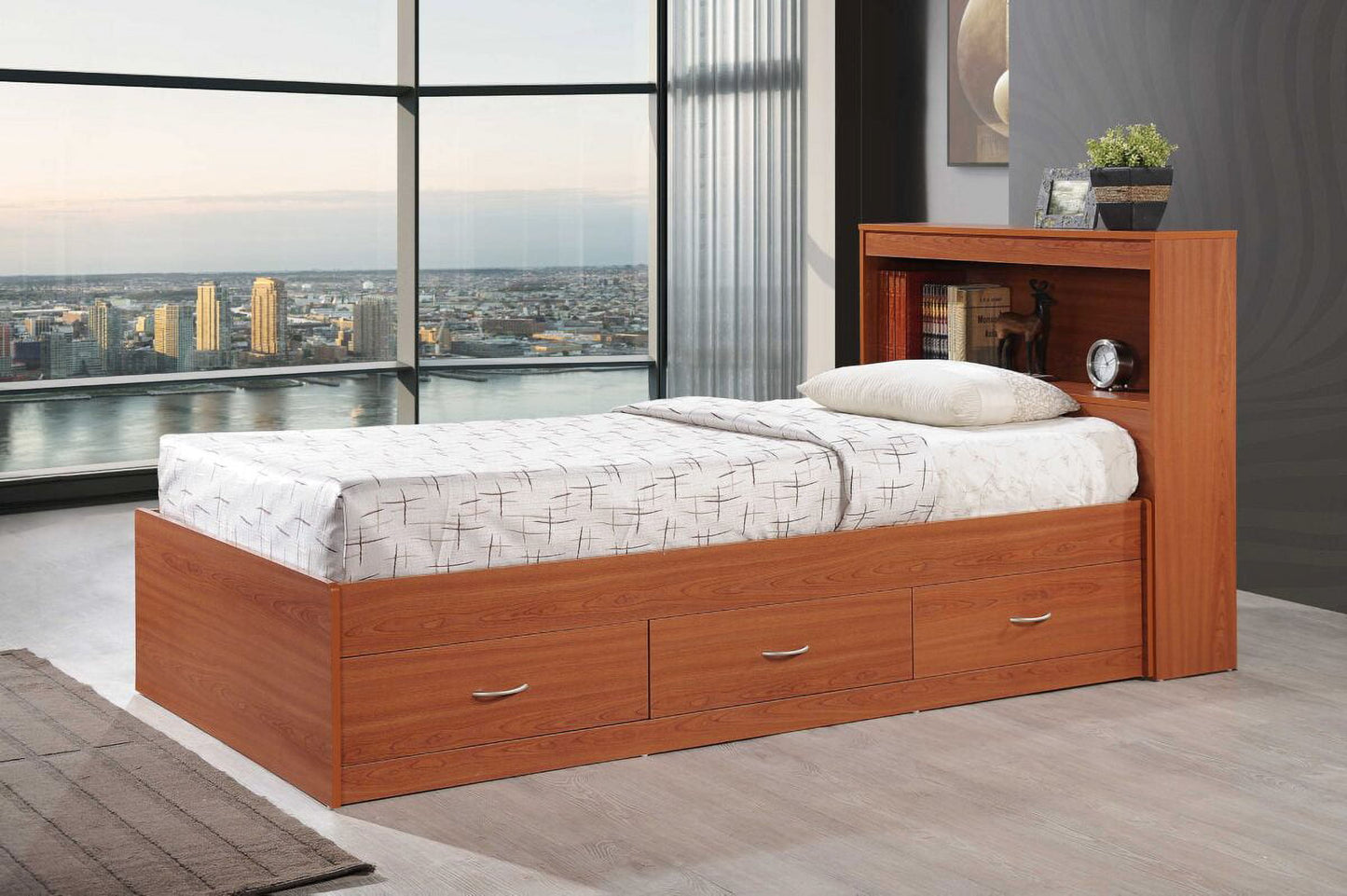 Hodedah Twin-Size Captain Bed with 3-Drawers and Headboard in Cherry
