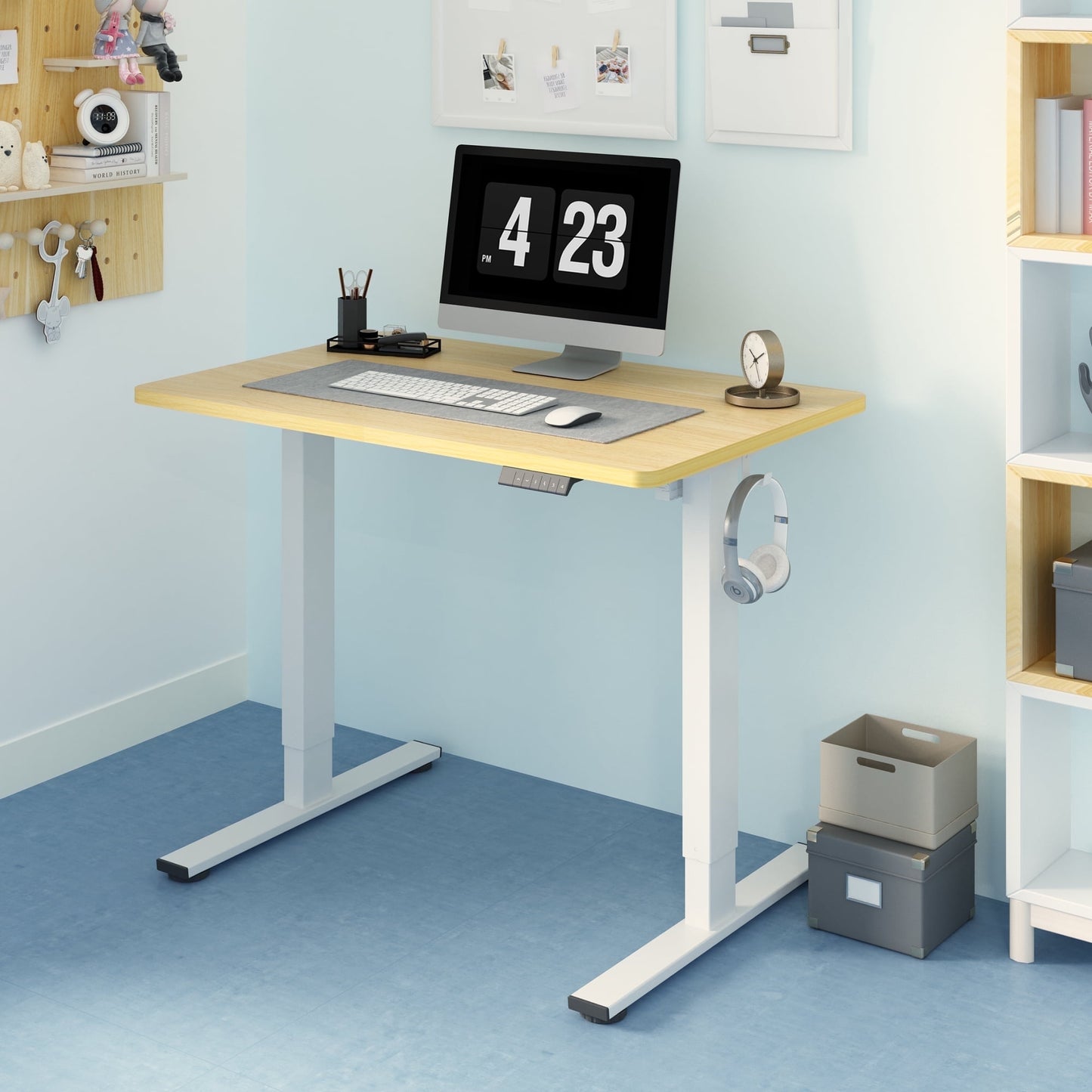 ACTIVESIT 40in x24in Home Office Height Adjustable Standing Desk with Hooks, Ergonomic Electric 2-Stage Stand Up Computer Desk, White and Maple