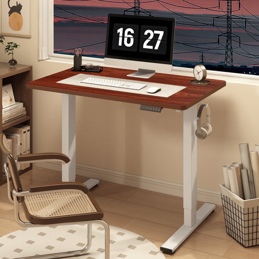 ACTIVESIT 40in x24in Home Office Height Adjustable Standing Desk with Hooks, Ergonomic Electric 2-Stage Stand Up Computer Desk, White and Mahogany