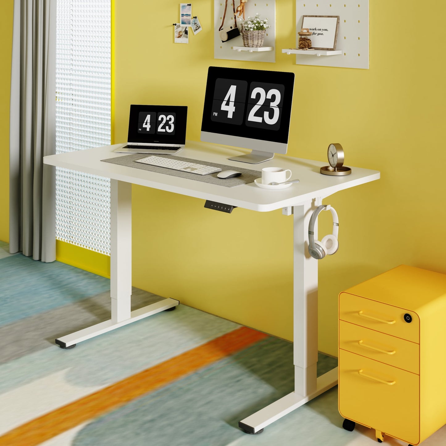 ACTIVESIT 48in x30in Home Office Height Adjustable Standing Desk with Hooks, Ergonomic Electric 2-Stage Stand Up Computer Desk, White