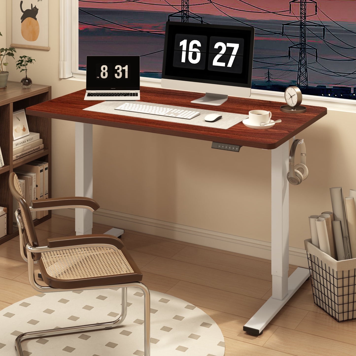 ACTIVESIT 48in x30in Home Office Height Adjustable Standing Desk with Hooks, Ergonomic Electric 2-Stage Stand Up Computer Desk, White and Mahogany