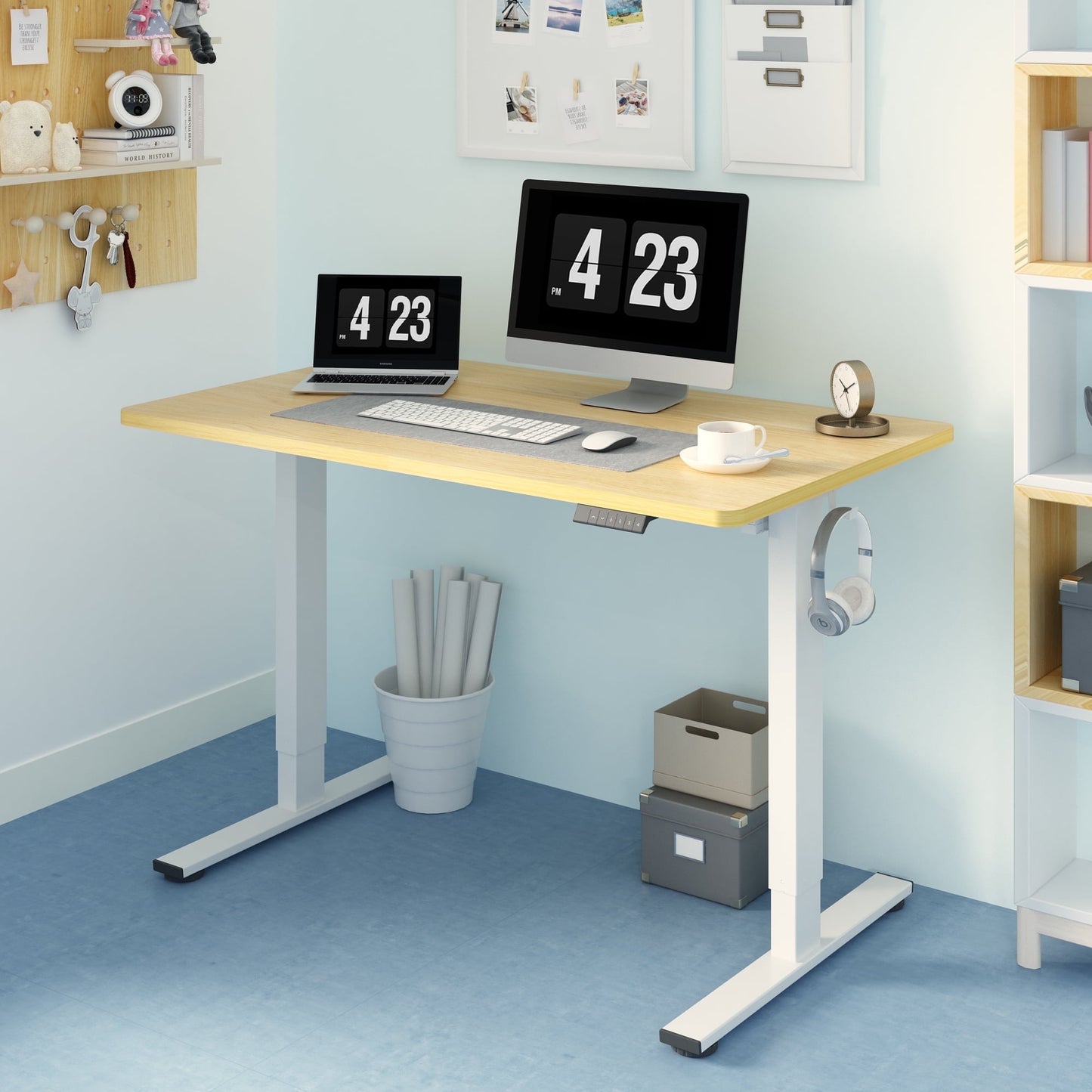 ACTIVESIT 48in x30in Home Office Height Adjustable Standing Desk with Hooks, Ergonomic Electric 2-Stage Stand Up Computer Desk, White and Mahogany