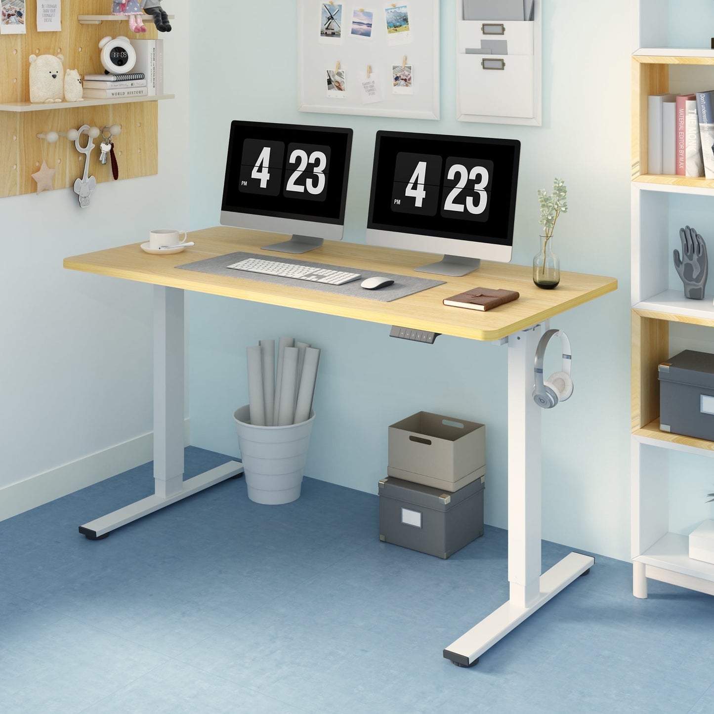 ACTIVESIT 55in x28in Home Office Height Adjustable Standing Desk with Hooks, Ergonomic Electric 2-Stage Stand Up Computer Desk, White and Maple