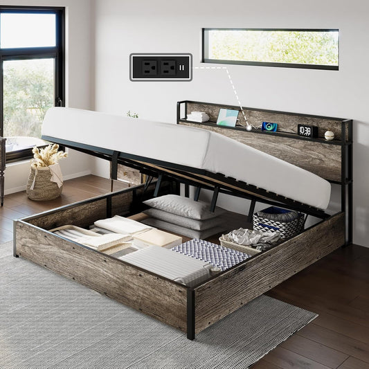 AMERLIFE King Size Lift Up Storage Bed Frame, Wooden Platform Bed Frame with Lifting Storage & Charging Station, No Spring Box Needed/Noise Free, rustic grey