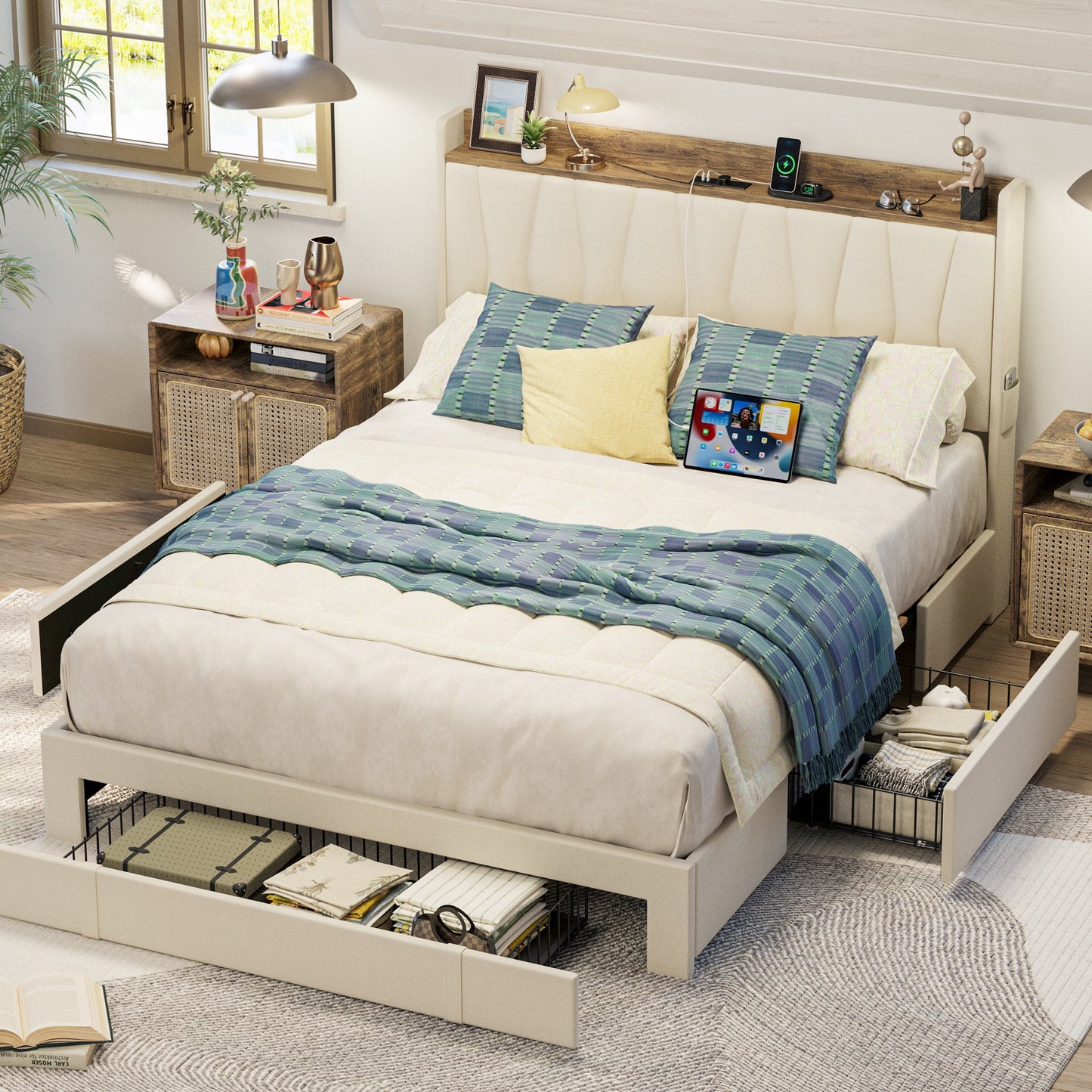 ANCTOR Full Size Bed Frame with Upholstered Storage Headboard, 3 Drawers, Charging Station, Sturdy