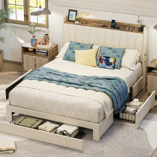 ANCTOR Full Size Bed Frame with Upholstered Storage Headboard, 3 Drawers, Charging Station, Sturdy
