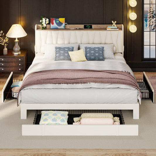 ANCTOR King Bed Frame, Upholstered, USB Ports, 3 Drawers, No Box Spring Needed