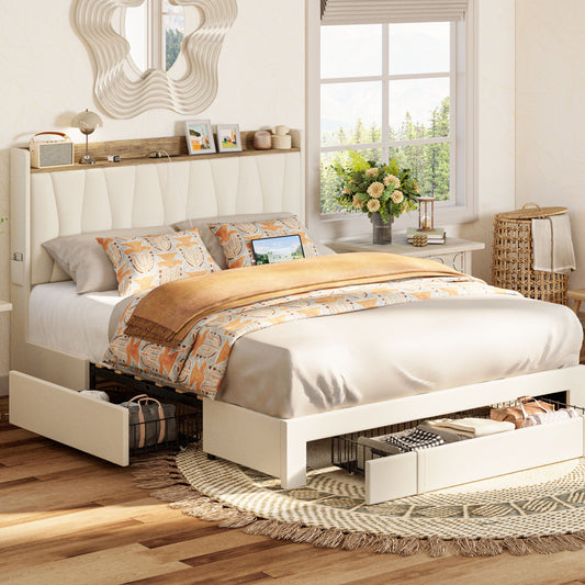 ANCTOR Queen Bed Frame with Upholstered Storage Headboard for Adult, 3 Drawers, Charging Station