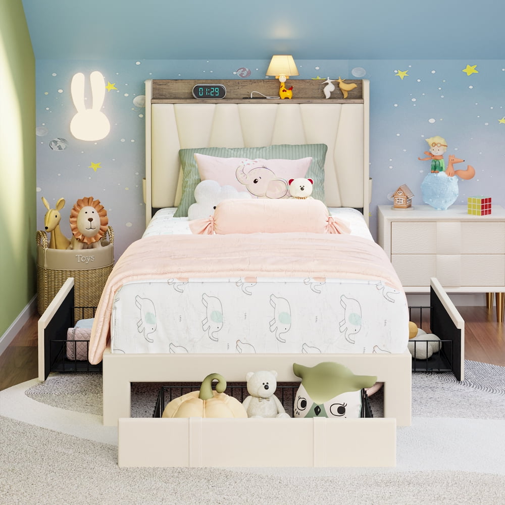 ANCTOR Twin Bed Frame with 3 Drawers, Upholstered Headboard, USB Shelf, No Box Spring, Easy Assembly