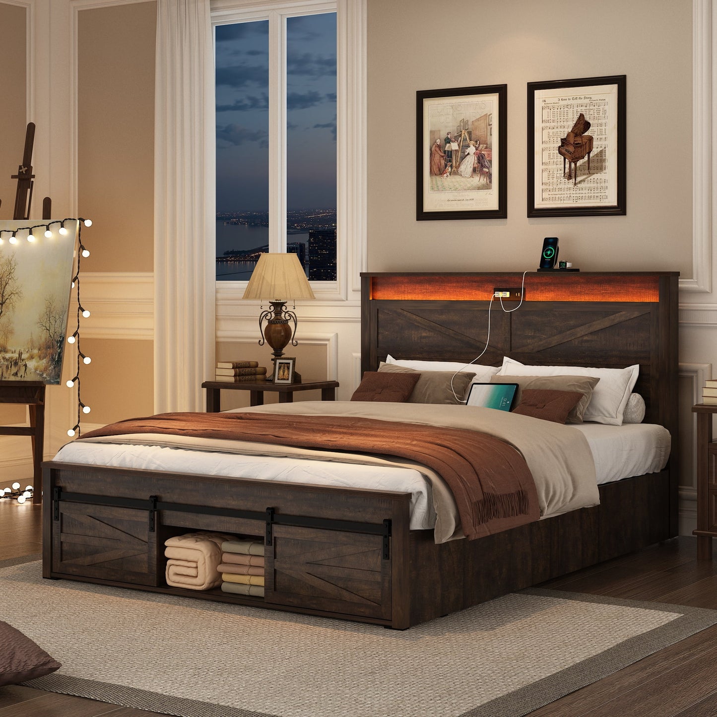 ANPOO Farmhouse Queen Size Bed Frame with LED Lights & Charging Station, Sliding Barn Door Storage Cabinet/Headboard,High Footboard, No Box Spring Needed, Noise-Free,White