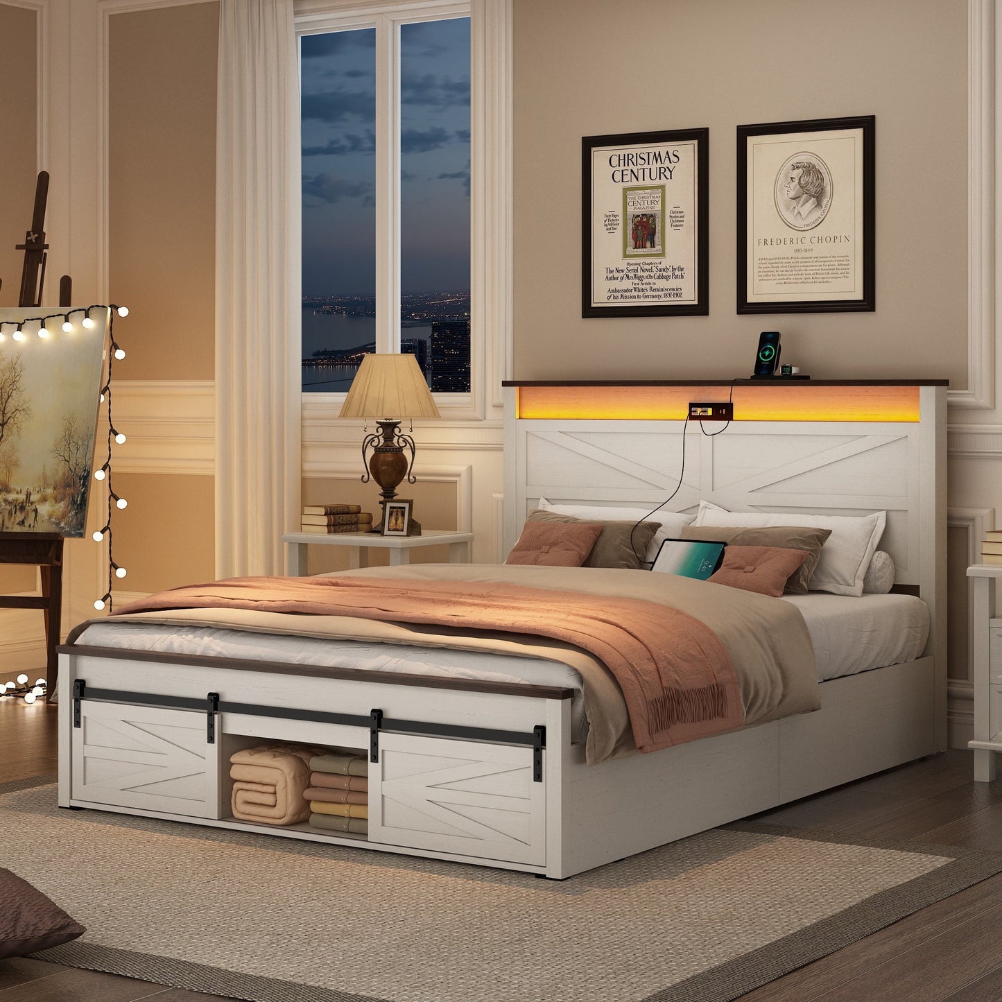 ANPOO Farmhouse Queen Size Bed Frame with LED Lights & Charging Station, Sliding Barn Door Storage Cabinet/Headboard,High Footboard, No Box Spring Needed, Noise-Free,White