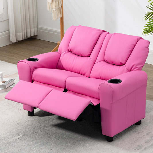 AVAWING Double Kids Recliner Chair, PU Leather Kids Loveseat, Lounge Sofa Chair, Pink