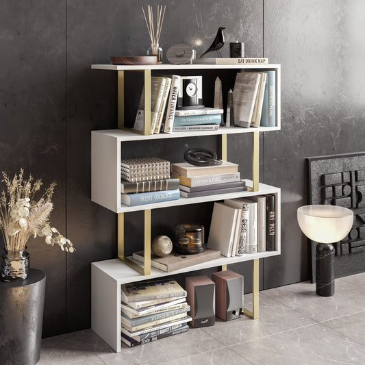 Adriana 49in Geometric 4 Shelf Bookcase, Gold