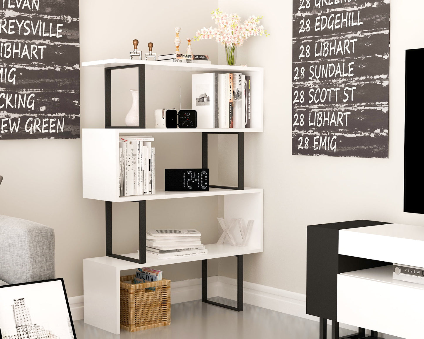 Adriana 49in Geometric 4 Shelf Bookcase, Veneer, White